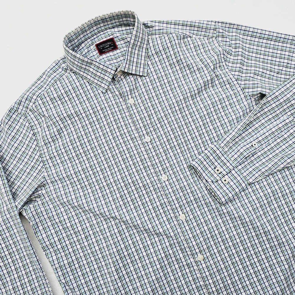 Untuckit Mens‎ Large Performance Button Up Shirt Blue Green Check Tattersall